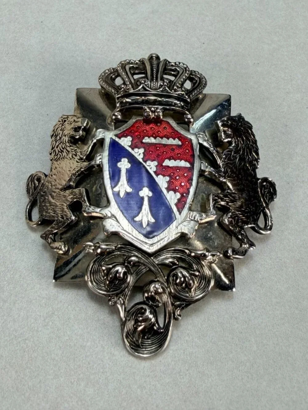 Vintage Marino Heraldic Crest Lions Crown Shield Brooch Enamel Silver Tone